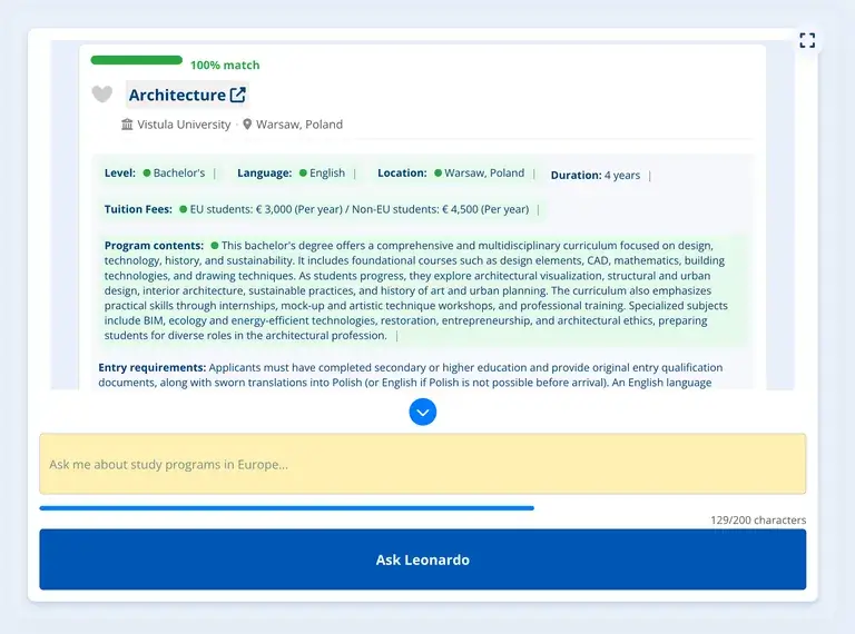 Screenshot of the chat with Leonardo, your AI European Study Advisor